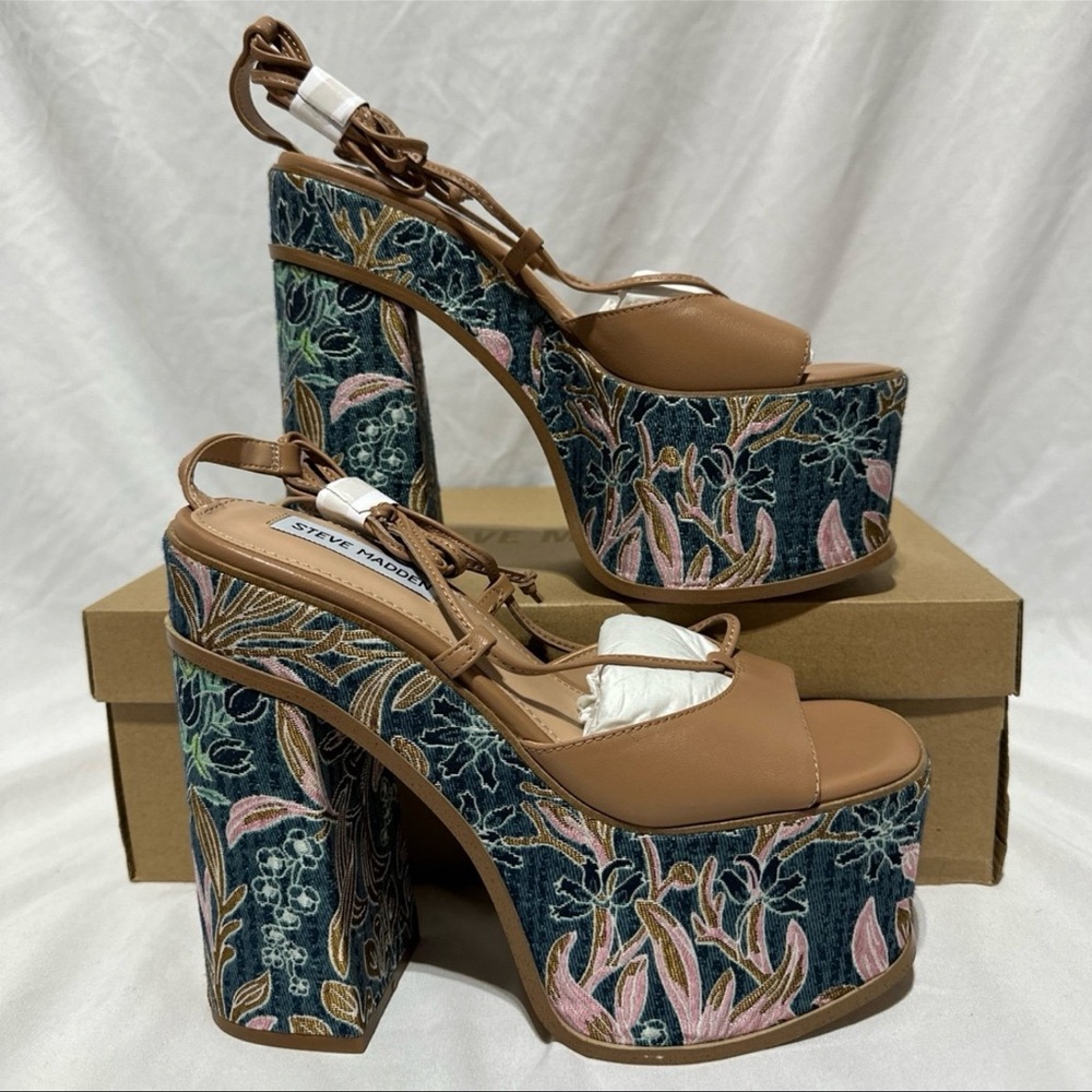 Steve Madden Anika Tan Leather Chunky Embroidered Platform Lace Up Heels Summer - Picture 4 of 12